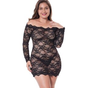 Ufuntaste Sexy Lingerie Off Shoulder Stretchy Chemise Floral Babydoll Lace Slim Bodysuits Nightwear Party S-9XL Black in Saudi Arabia