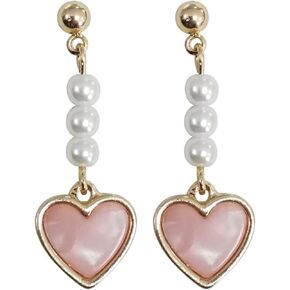MALOYANVE Love Heart Long Tassel Dangle Earrings for Women Girls Sweet Dainty Cute Pearl 925 Silver Needle Pink Heart Dangle Drop Hook Earrings Delicate Jewelry Valentines Day Gifts in Kuwait