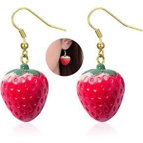 MALOYANVE 3D Strawberry Acrylic Earring for Women Teen Girls Cute Stereoscopic Red Strawberry Simulated Resin Fruit Dangle Earring, Country Style Ear Hook Jewelry