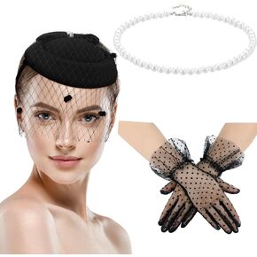 3 Pcs Fascinators Tea Party Hat Set Short Lace Gloves and Pearl Necklace Set Pillbox Hat with Veil for 20s 50s Accessories in Kuwait
