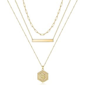 Turandoss Gold Layered Initial Necklaces for Women, 14K Gold Plated Bar Necklace Handmade Layering Hexagon Letter Pendant Beads Chain Necklace Layered Necklaces for Women Gold Jewelry Gifts