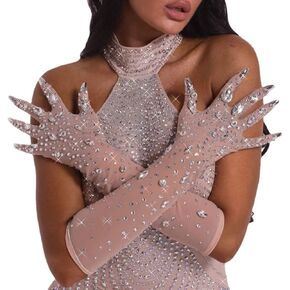 قفازات nobrandlingerie الرائعة المصنوعة من أحجار الراين واللؤلؤ للنساء قفازات كريستال سباركلي للراقصات والمغنيات في الملهى الليلي لمرحلة البكالوريوس (بيج، طويل) in Kuwait