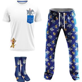 طقم صالة توم وجيري للرجال مكون من 3 قطع في صندوق هدايا يتضمن تي شيرت وسروال مريح وجوارب بمقاسات S-m-l-xl in Kuwait