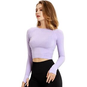 Long Sleeve Workout Shirts for Women Gym Running Seamless Yoga Tops Thumb Hole Cropped Long Sleeve Crop Tops for Women