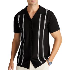 V VALANCH Men’s Short Sleeve Knit Polo Shirt Vintage Vercital Stripe Camp Collar Button Down Shirt in Kuwait