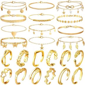 Sasylvia 24 Pcs Gold Anklets and Toe Ring Set Summer Adjustable Open Anklets Toe Rings Layered Toe Rings and Anklets Bracelets for Women Girl Foot Jewelry Beach in Kuwait