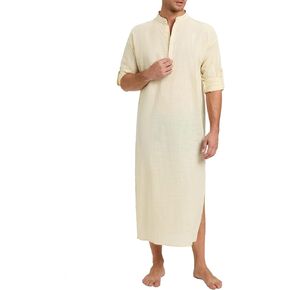 TURETRENDY Men's Kaftan Robe Long Sleeve Thobe Button Down Henley Casual Side Split Gown Shirt