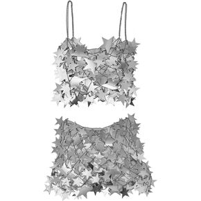 Aksod المرأة مثير نجمة انظر من خلال المحاصيل الأعلى الترتر الجوف خارج قميص بلا أكمام بيكيني نادي التستر الجسم سلسلة الملحقات (فضية علوية + تنورة) in Kuwait