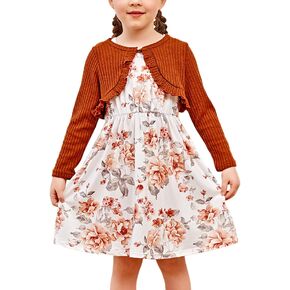 PATPAT Toddler Girl Dress and Cardigan 2 Piece Girl Floral Print Sleeveless Dress and Ribbed Cardigan Set 18 Months-6 Years