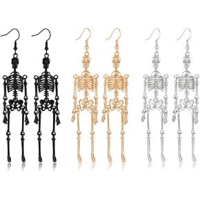 NVENF 3Pairs Halloween Skeleton Earrings for Women Gothic Skull Skeleton Drop Earrings Dress Up Costume Earring for Girls
