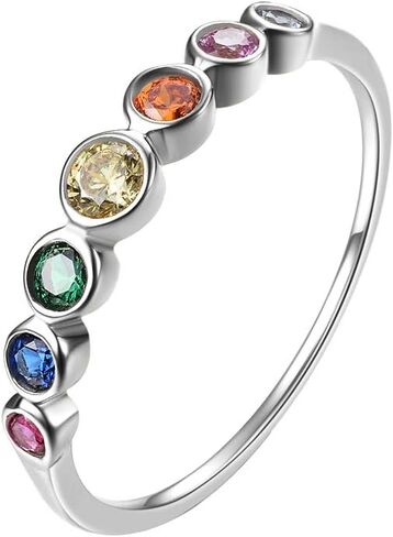 E 14K Gold Women Rings Rainbow Eternity Thumb Rings Band Wedding Rings Round AAA Cubic Zirconia CZ Rings Dainty Colorful Rings for Women in Kuwait