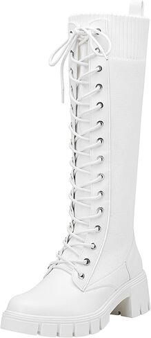 Jeossy Women's Combat Chunky Platform Heel Knee High Lace Up Boots | Tall riding boots,round toe,flat comfortable,casual walking,sexy,work,dresses, city days,party,concert,seampunk in Saudi Arabia