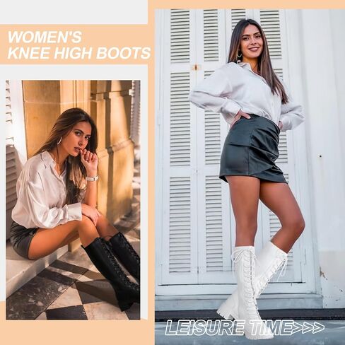 Jeossy Women's Combat Chunky Platform Heel Knee High Lace Up Boots | Tall riding boots,round toe,flat comfortable,casual walking,sexy,work,dresses, city days,party,concert,seampunk in Saudi Arabia