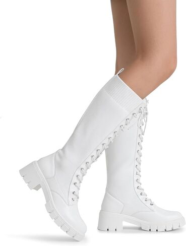Jeossy Women's Combat Chunky Platform Heel Knee High Lace Up Boots | Tall riding boots,round toe,flat comfortable,casual walking,sexy,work,dresses, city days,party,concert,seampunk in Saudi Arabia