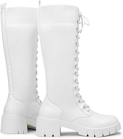 Jeossy Women's Combat Chunky Platform Heel Knee High Lace Up Boots | Tall riding boots,round toe,flat comfortable,casual walking,sexy,work,dresses, city days,party,concert,seampunk in Saudi Arabia