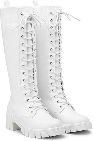 Jeossy Women's Combat Chunky Platform Heel Knee High Lace Up Boots | Tall riding boots,round toe,flat comfortable,casual walking,sexy,work,dresses, city days,party,concert,seampunk in Saudi Arabia