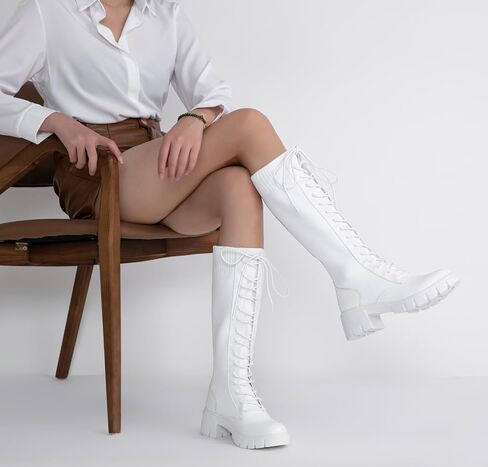 Jeossy Women's Combat Chunky Platform Heel Knee High Lace Up Boots | Tall riding boots,round toe,flat comfortable,casual walking,sexy,work,dresses, city days,party,concert,seampunk in Saudi Arabia