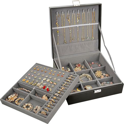 صندوق مجوهرات كبير من فيكي للنساء، صندوق منظم مجوهرات أسود مكون من طبقتين للرجال، منظم صندوق مجوهرات للنساء، صندوق منظم لتخزين المجوهرات لحلقات القلادة والسوار، صندوق منظم in Kuwait