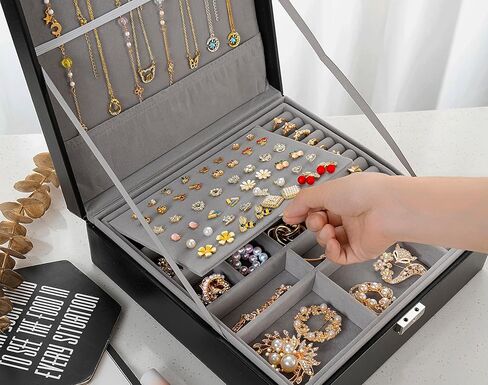 صندوق مجوهرات كبير من فيكي للنساء، صندوق منظم مجوهرات أسود مكون من طبقتين للرجال، منظم صندوق مجوهرات للنساء، صندوق منظم لتخزين المجوهرات لحلقات القلادة والسوار، صندوق منظم in Kuwait