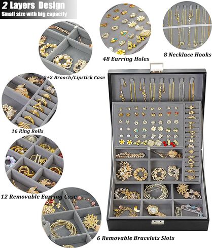 صندوق مجوهرات كبير من فيكي للنساء، صندوق منظم مجوهرات أسود مكون من طبقتين للرجال، منظم صندوق مجوهرات للنساء، صندوق منظم لتخزين المجوهرات لحلقات القلادة والسوار، صندوق منظم in Kuwait