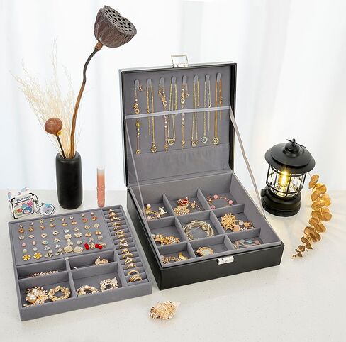 صندوق مجوهرات كبير من فيكي للنساء، صندوق منظم مجوهرات أسود مكون من طبقتين للرجال، منظم صندوق مجوهرات للنساء، صندوق منظم لتخزين المجوهرات لحلقات القلادة والسوار، صندوق منظم in Kuwait
