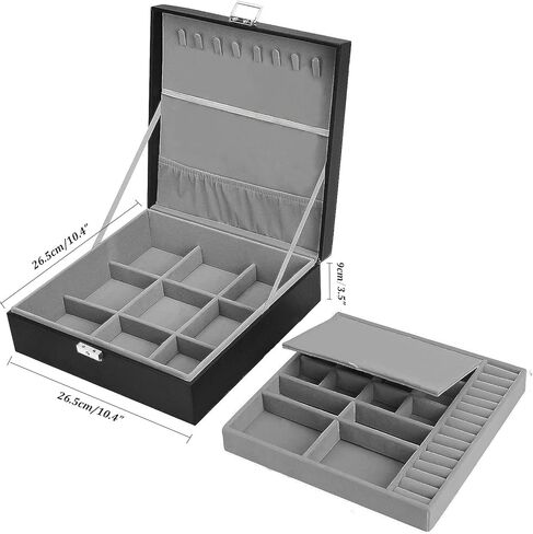 صندوق مجوهرات كبير من فيكي للنساء، صندوق منظم مجوهرات أسود مكون من طبقتين للرجال، منظم صندوق مجوهرات للنساء، صندوق منظم لتخزين المجوهرات لحلقات القلادة والسوار، صندوق منظم in Kuwait