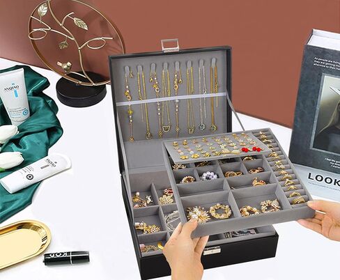 صندوق مجوهرات كبير من فيكي للنساء، صندوق منظم مجوهرات أسود مكون من طبقتين للرجال، منظم صندوق مجوهرات للنساء، صندوق منظم لتخزين المجوهرات لحلقات القلادة والسوار، صندوق منظم in Kuwait