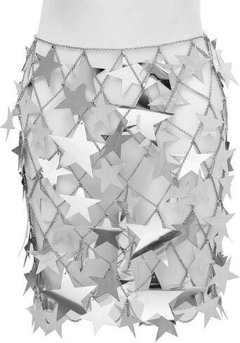 Aksod مثير الترتر انظر من خلال اللباس لامع ستار الجوف خارج تنورة الشاطئ بيكيني التستر الأزياء لذيذ ملابس السباحة سلسلة الجسم مجوهرات للنساء والفتيات (تنورة فضية) in Kuwait