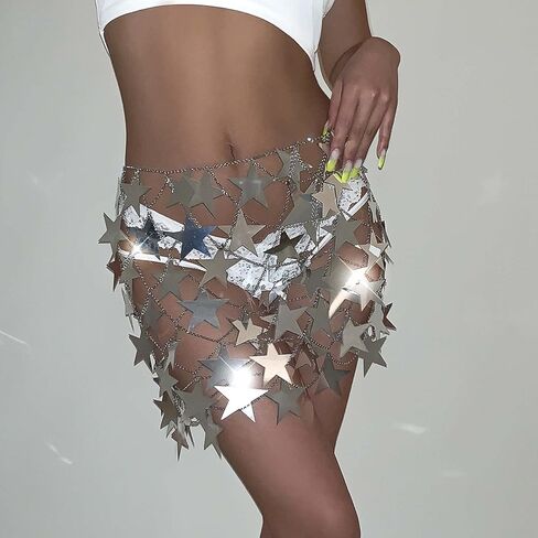 Aksod مثير الترتر انظر من خلال اللباس لامع ستار الجوف خارج تنورة الشاطئ بيكيني التستر الأزياء لذيذ ملابس السباحة سلسلة الجسم مجوهرات للنساء والفتيات (تنورة فضية) in Kuwait