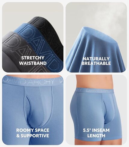 DAVID ARCHY Mens Underwear Bamboo Rayon Boxer Briefs Breathable and Soft with Fly Underwear for Men 4 Pack (L, Black/Light Blue/Pale Green/Moonlight Blue - 5.5" in 4 Pack) in Saudi Arabia