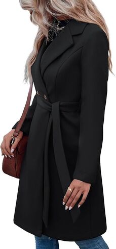 Fazortev Women's Double Button Belted Tweed Overcoat Basic Long Sleeve Notched Lapel Pea Trench Jacket Outwear Coats in Kuwait