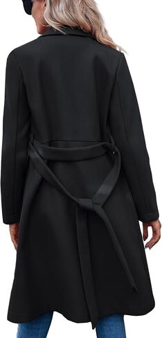 Fazortev Women's Double Button Belted Tweed Overcoat Basic Long Sleeve Notched Lapel Pea Trench Jacket Outwear Coats in Kuwait