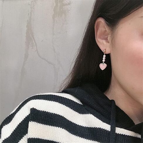 MALOYANVE Love Heart Long Tassel Dangle Earrings for Women Girls Sweet Dainty Cute Pearl 925 Silver Needle Pink Heart Dangle Drop Hook Earrings Delicate Jewelry Valentines Day Gifts in Kuwait