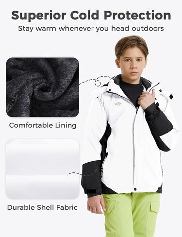 Wantdo Boy's Waterproof Ski Jacket Fleece Snowboarding Jackets Warm Thick Winter Coat Hooded Raincoats in Kuwait