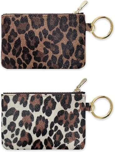 Heesch 2 حزمة محفظة صغيرة للعملات المعدنية الفهد تغيير المحفظة الصغيرة سستة الحقيبة المحفظة للنساء (الفهد والفهد العاجي) in Kuwait