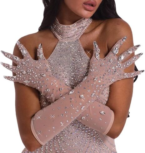 قفازات nobrandlingerie الرائعة المصنوعة من أحجار الراين واللؤلؤ للنساء قفازات كريستال سباركلي للراقصات والمغنيات في الملهى الليلي لمرحلة البكالوريوس (بيج، طويل) in Kuwait