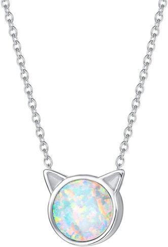 FANCIME Sterling Silver Cat/Unicorn/Elephant Necklace White Created Opal Cute Pendant Necklace Small Dot Round Disc Fine Jewelry For Women Girls 16+2 inch Extender in Saudi Arabia