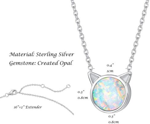 FANCIME Sterling Silver Cat/Unicorn/Elephant Necklace White Created Opal Cute Pendant Necklace Small Dot Round Disc Fine Jewelry For Women Girls 16+2 inch Extender in Saudi Arabia