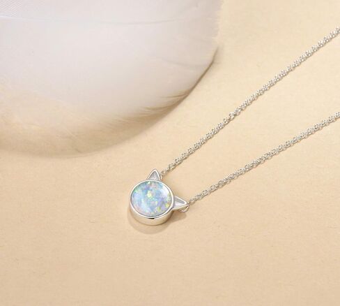 FANCIME Sterling Silver Cat/Unicorn/Elephant Necklace White Created Opal Cute Pendant Necklace Small Dot Round Disc Fine Jewelry For Women Girls 16+2 inch Extender in Saudi Arabia