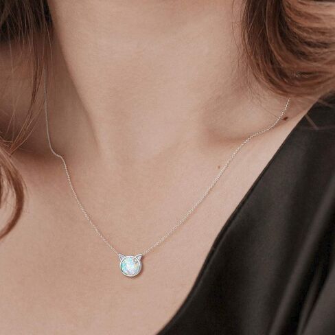FANCIME Sterling Silver Cat/Unicorn/Elephant Necklace White Created Opal Cute Pendant Necklace Small Dot Round Disc Fine Jewelry For Women Girls 16+2 inch Extender in Saudi Arabia