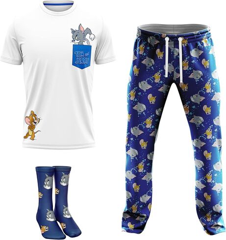 طقم صالة توم وجيري للرجال مكون من 3 قطع في صندوق هدايا يتضمن تي شيرت وسروال مريح وجوارب بمقاسات S-m-l-xl in Kuwait