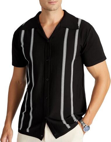 V VALANCH Men’s Short Sleeve Knit Polo Shirt Vintage Vercital Stripe Camp Collar Button Down Shirt in Kuwait