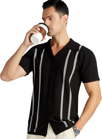 V VALANCH Men’s Short Sleeve Knit Polo Shirt Vintage Vercital Stripe Camp Collar Button Down Shirt in Kuwait