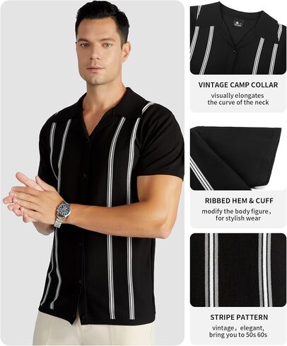 V VALANCH Men’s Short Sleeve Knit Polo Shirt Vintage Vercital Stripe Camp Collar Button Down Shirt in Kuwait