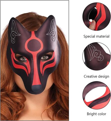 NOLITOY Cosplay قناع ثعلب مكون من قطعتين لحفلة تنكرية للهالوين، غطاء وجه ثعلب أقنعة كابوكي اليابانية لزي الهالوين، ديكور منزلي للأداء in Kuwait