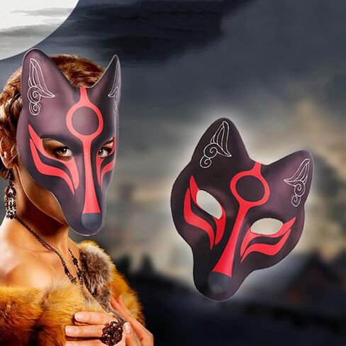 NOLITOY Cosplay قناع ثعلب مكون من قطعتين لحفلة تنكرية للهالوين، غطاء وجه ثعلب أقنعة كابوكي اليابانية لزي الهالوين، ديكور منزلي للأداء in Kuwait
