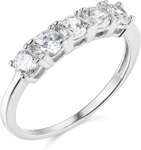 Wellingsale السيدات الصلبة 14K الذهب الأبيض المصقول تشيكوسلوفاكيا مكعب زركونيا جولة قطع خمسة 5 حجر الذكرى الزفاف الفرقة in Kuwait