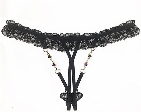 Dobovova Sexy Transparent Lace Open Crotch T Back Colored Diamond Pendant Bowknot Underpants in Kuwait
