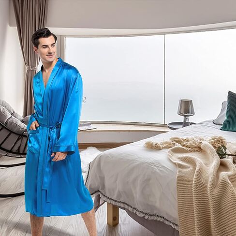 COLD POSH Men's Real Silk Robe Luxury Lightweight Bathrobe for Men Long Sleeve Mulberry Silk Sleepwear in Kuwait