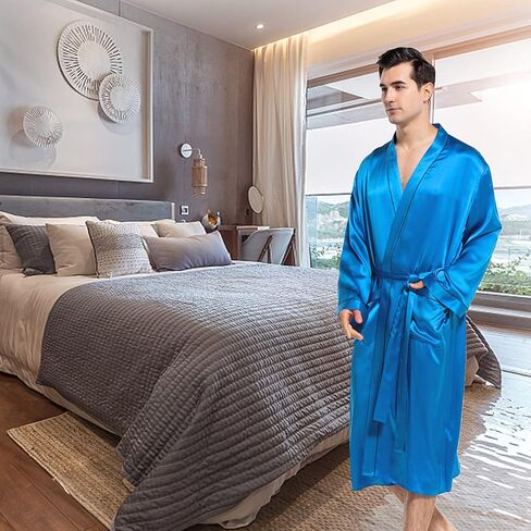 COLD POSH Men's Real Silk Robe Luxury Lightweight Bathrobe for Men Long Sleeve Mulberry Silk Sleepwear in Kuwait